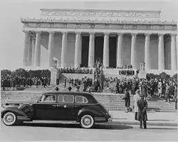 Photograph of ceremony at Lincoln Memorial attended by Vice President Truman, celebrating Lincoln's Birthday on February 12, 1945