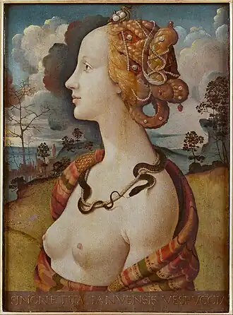 Portrait of Simonetta Vespucci, oil on panel painting, c. 1480, 57 x 42&nbsp;cm, [[Château de Chantilly|Musée Condé, Chantilly]], France