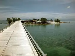 Approaching Pigeon Key post-highway conversion. Guardrails are made up of rails from the former railroad.