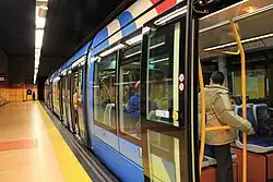 One of the light rail vehicles at Pinar de Chamartín, on line ML-1.