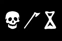 Interpretation of a pirate flag described by William Falconer (1732–1769) as, "[t]he colours usually displayed by pirates are laid to be a black field, with a death's head, a battle-axe and hour-glass."[46]