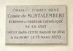 Memorial plaque to Charles de Montalembert, 5 impasse de Valmy, Paris 7.