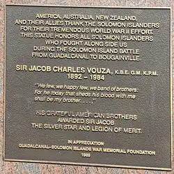Plaque on the Sir Jacob Vouza memorial at Rove, Honiara Solomon Islands – 1989