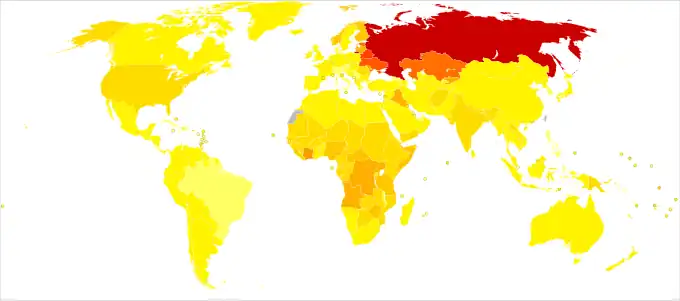 Disability-adjusted life year for poisonings per 100,000&nbsp;inhabitants in 2004.[18] &nbsp;&nbsp;no data &nbsp;&nbsp;<10 &nbsp;&nbsp;10–90 &nbsp;&nbsp;90–170 &nbsp;&nbsp;170–250 &nbsp;&nbsp;250–330 &nbsp;&nbsp;330–410 &nbsp;&nbsp;410–490 &nbsp;&nbsp;490–570 &nbsp;&nbsp;570–650 &nbsp;&nbsp;650–700 &nbsp;&nbsp;700–880 &nbsp;&nbsp;>880
