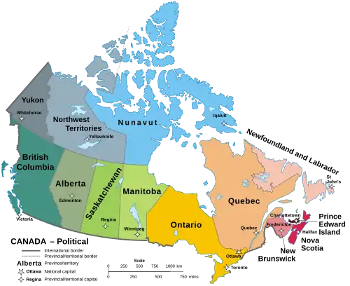 Labelled map of Canada detailing its provinces and territories