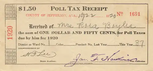Photograph of an Alabama woman's poll tax receipt