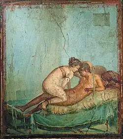 An erotic scene between a female and a male. Wall painting, Pompeii, 1st century.