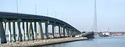 Ponquogue Bridge over Shinnecock Inlet (new span on left) looking toward the Coast Guard station.