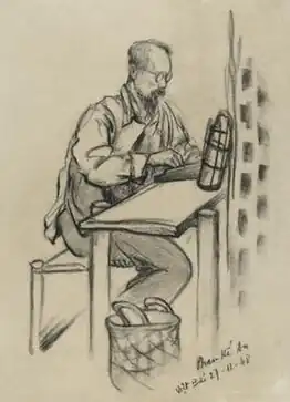 Charcoal sketch of Hồ Chí Minh at work in the Việt Bắc, by artist Phan Kế An, 27 November 1948
