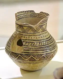 Jar decorated with diverse geometric patterns; 4900–4300 BC; ceramic; by Halaf culture; Erbil Civilization Museum (Erbil, Iraq)