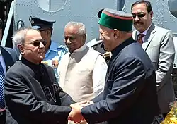 Pranab Mukherjee being welcomed by the Governor of Himachal Pradesh, Shri Kalyan Singh and the Chief Minister of Himachal Pradesh, Shri Virbhadra Singh, on his arrival, at Kalyani Helipad, in Himachal Pradesh