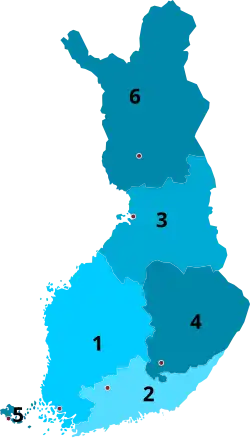 1997-2009 1&nbsp;Western Finland 2&nbsp;Southern Finland 3&nbsp;Oulu 4&nbsp;Eastern Finland 5&nbsp;Åland 6&nbsp;Lapland