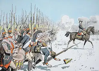 Infantry line, muskets and bayonets, with an officer on a horse; the image is not particularly historically accurate.