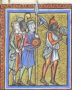 Illustration from the Psalter–Hours of Ghuiluys de Boisleux, 1246–1250 (Morgan Collection, MS M.730).[6] The man on far right carries what appears to be an early bardiche.