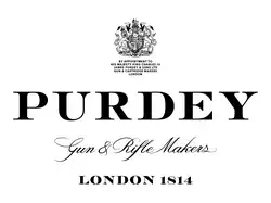 Purdey Gun & Rifle Makers in black letters on a white background surmounted by King Charles II Royal Warrant