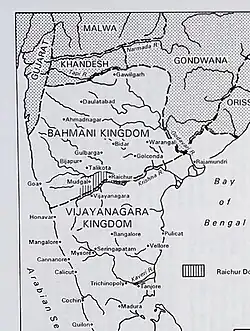 A map depicting the states of southern India in the 15th century