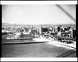 Aerial view of Municipal Auditorium and Rainbow Pier, c. 1935