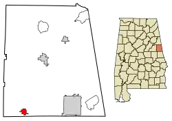 Location of Wadley in Randolph County, Alabama.