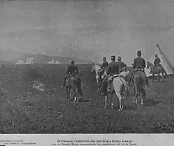Another photograph of the drills of 28 June 1896. This one shows general Reina Barrios along with his staff.[5]