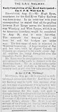 A newspaper profile of the Red River Valley Railway being built by Hugh Ryan's firm H.& J. Ryan in The Brantford Daily Expositor, 1887