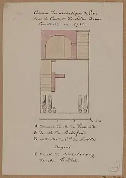 Burial vault under the choir of Notre-Dame, c. 1746. Pictured left to right are the tombs of Archbishops Vintimille and Bellefonds, the funerary urn of Archbishop Noailles, and two unidentified tombs.