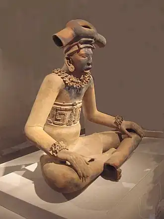 A large terracotta figurine of a young chieftain in the Remojadas style. 300–600 CE; Height: 31 in (79&nbsp;cm).