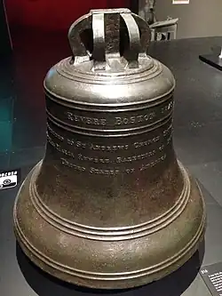 The Revere Bell on display at the National Museum of Singapore in February 2015. The inscription of the bell is: "Revere, Boston 1843. Presented to St Andrew's Church, Singapore, by Mrs Maria Revere Balestier of Boston, United States of America".