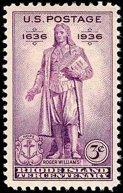 Image 47In 1936, on the 300th anniversary of the settlement of Rhode Island in 1636, the U.S. Post Office issued a commemorative stamp, depicting Roger Williams (from Rhode Island)