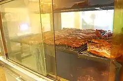 Rib tips and hot links inside of the smoker