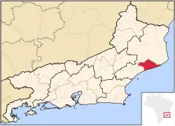 Location of Quisamã in Rio de Janeiro State and Brazil