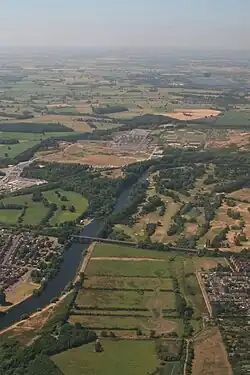 The now filled-in section of Peel's Cut ran not far from the bottom right of the photo next to the gardens towards the middle before turning left along where the lighter coloured line of vegetation can be seen to join the Trent. This is a reverse angle of the diagram above.