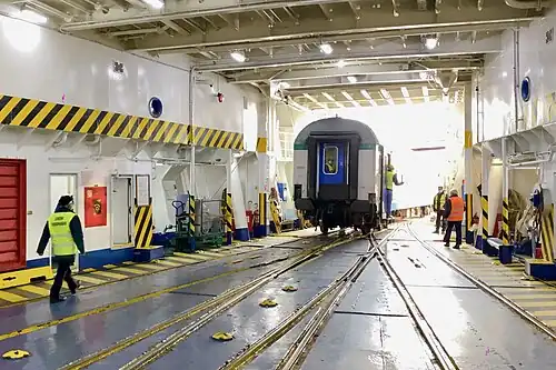 Interior of a roll-on roll-off train ferry in Villa San Giovanni, Italy