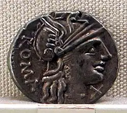 Obverse of a coin of the Minucia gens, depicting the head of Pallas.