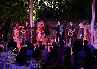 a vocal octet performing outdoors at night