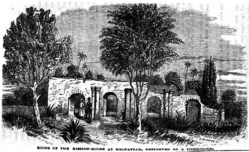 Ruins of the Mission-House at Melnattam, Destroyed by a Hurricane (p.&nbsp;138, December 1855, Rev. Thomas Hodson)
