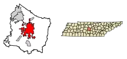 Location of Murfreesboro in Rutherford County, Tennessee.