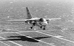 NH706, an S-3A Viking assigned to VS-21 landing on board the Enterprise in August 1988.