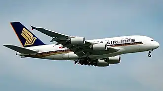 Singapore Airlines's Airbus A380 landing at Singapore Changi Airport