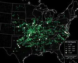 A map showing the locations and sizes of hail as reported to the Storm Prediction Center.