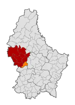 Map of Luxembourg with Saeul highlighted in orange, and the canton in dark red