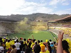 Match at the Estadio Monumental Isidro Romero Carbo (Banco Pichincha Stadium) between Barcelona Sporting Club and Club Deportivo Cuenca. The match took place on September 25, 2011, and ended in a 2-1 victory for Barcelona. The photo captures the moments before the teams took to the field.