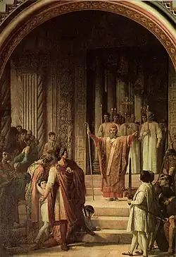 "Saint Augustine bars entry to the church of Milan to the Emperor Theodosius "by Jules-Eugène Lenepveu