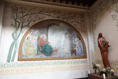 Chapel of Saint Luke, "Saint Luke with angels", sculpture "The Virgin of the Flowers" by Georges Serroz (1883-1964)