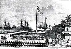 A black-and-white drawing depicting German soldiers in Corinto, Nicaragua