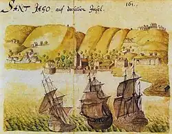 Painting of three ships in a harbor