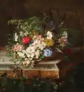 Opstilling med blomsterkurv omsværmet af insekter på en stenbænk, oil on canvas, 1877