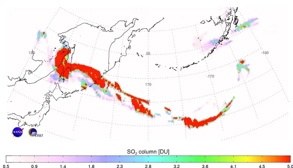Image 5Sarychev Peak: the sulphur dioxide cloud generated by the eruption on June 12, 2009 (in Dobson units). (from Timeline of volcanism on Earth)