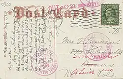 The back of a postcard with address, message, and postage