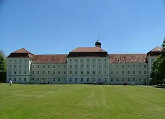 The New Monastery, seen from the north and in the center third of the image. Just above the corps de logis is the dome of the St. Magnus's Church's tower.
