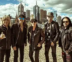 Scorpions in Melbourne, Australia in 2016 during the 50th Anniversary World Tour. (from left to right) Mikkey Dee, Matthias Jabs, Klaus Meine, Rudolf Schenker and Paweł Mąciwoda.